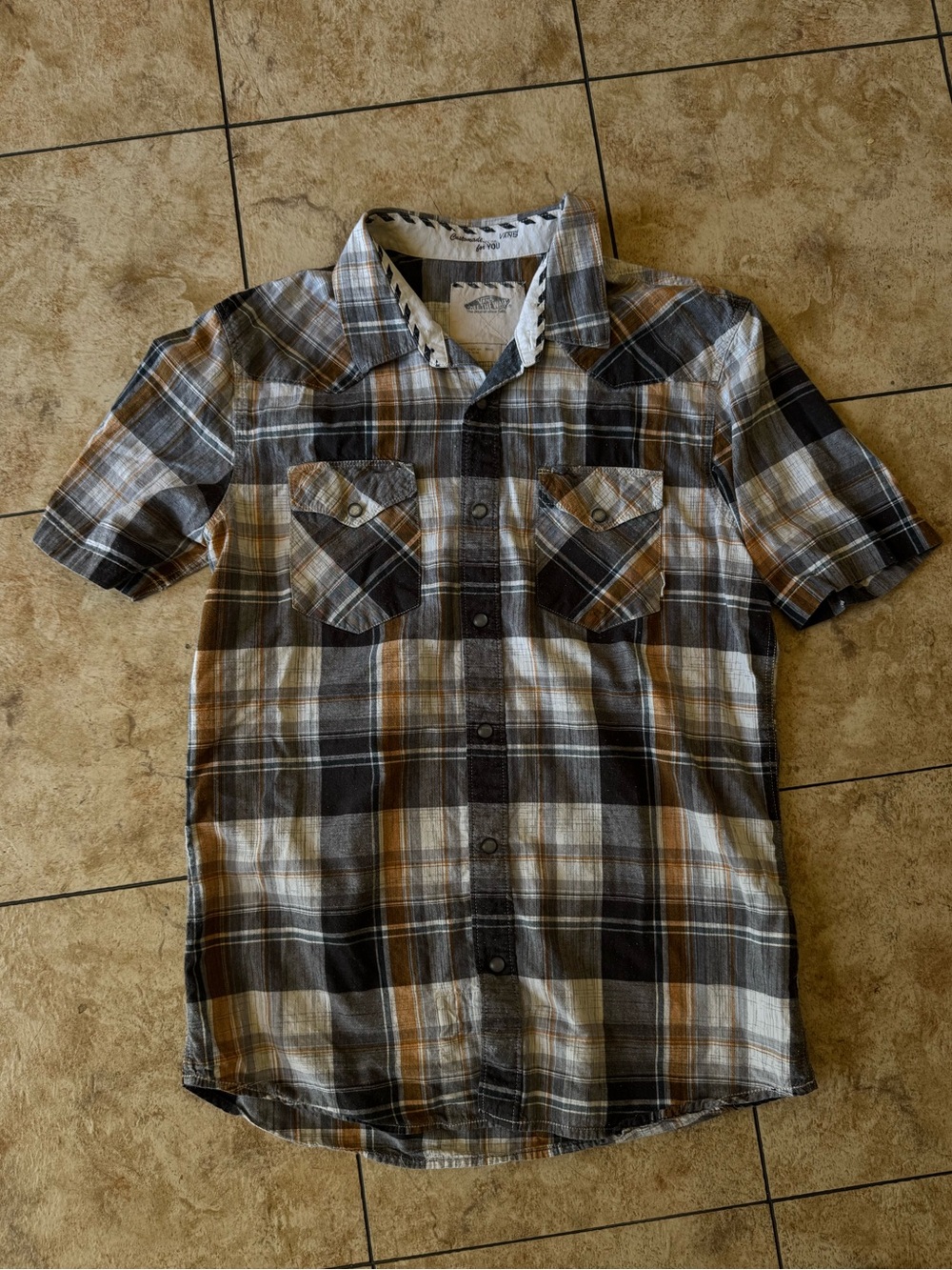 Men's Vans 2012 Short-Sleeve Plaid Button-Up Shirt - Gray, Orange, White